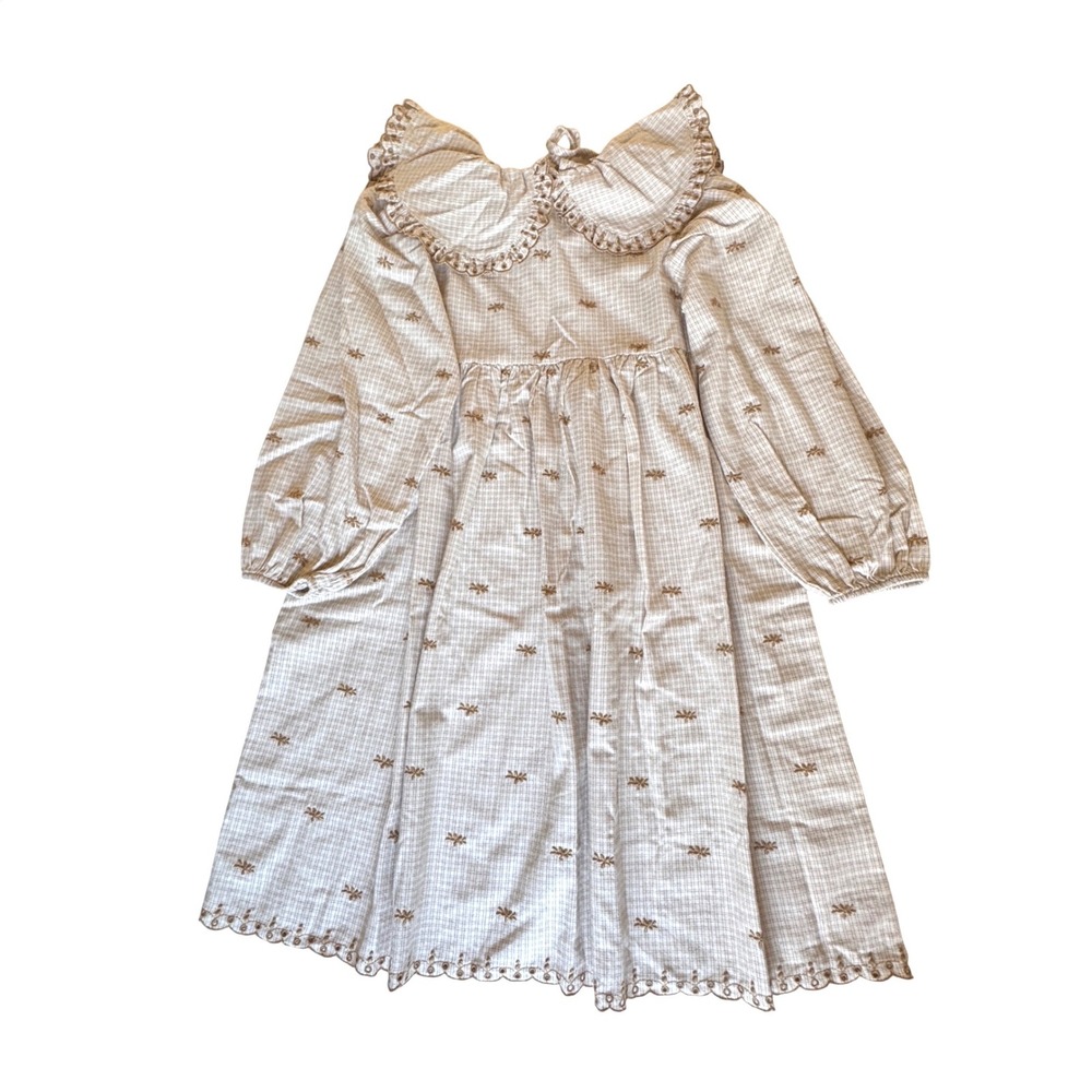 Bebe Organic Girls Beige Grid Embroidered Cotton Dress $135 Peter Pan Collar 10Y